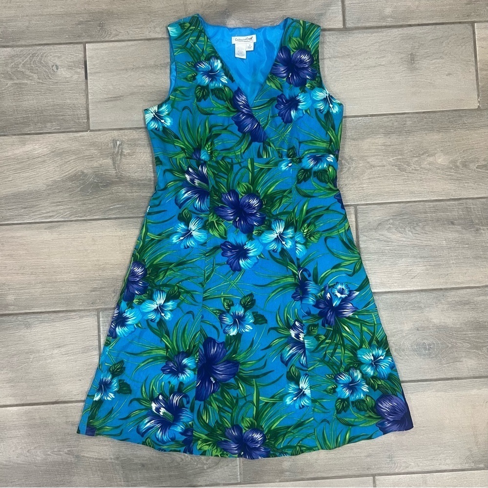 Vintage Cold water Creek Blue Floral Linen Blend Sleeveless Dress Women US 4